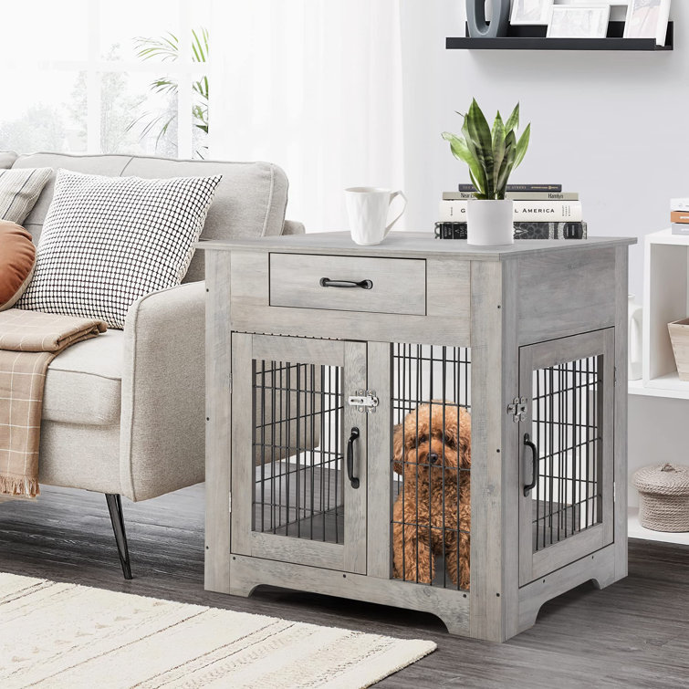 Dog Crates Furniture Wood Look Dog Kennel End Table With Drawer%2C Dog House Indoor Use%2C Chew Proof%2C Casual Home Wooden Pet Crate%2C Indoor Pet Crate Side Table%2C Grey 